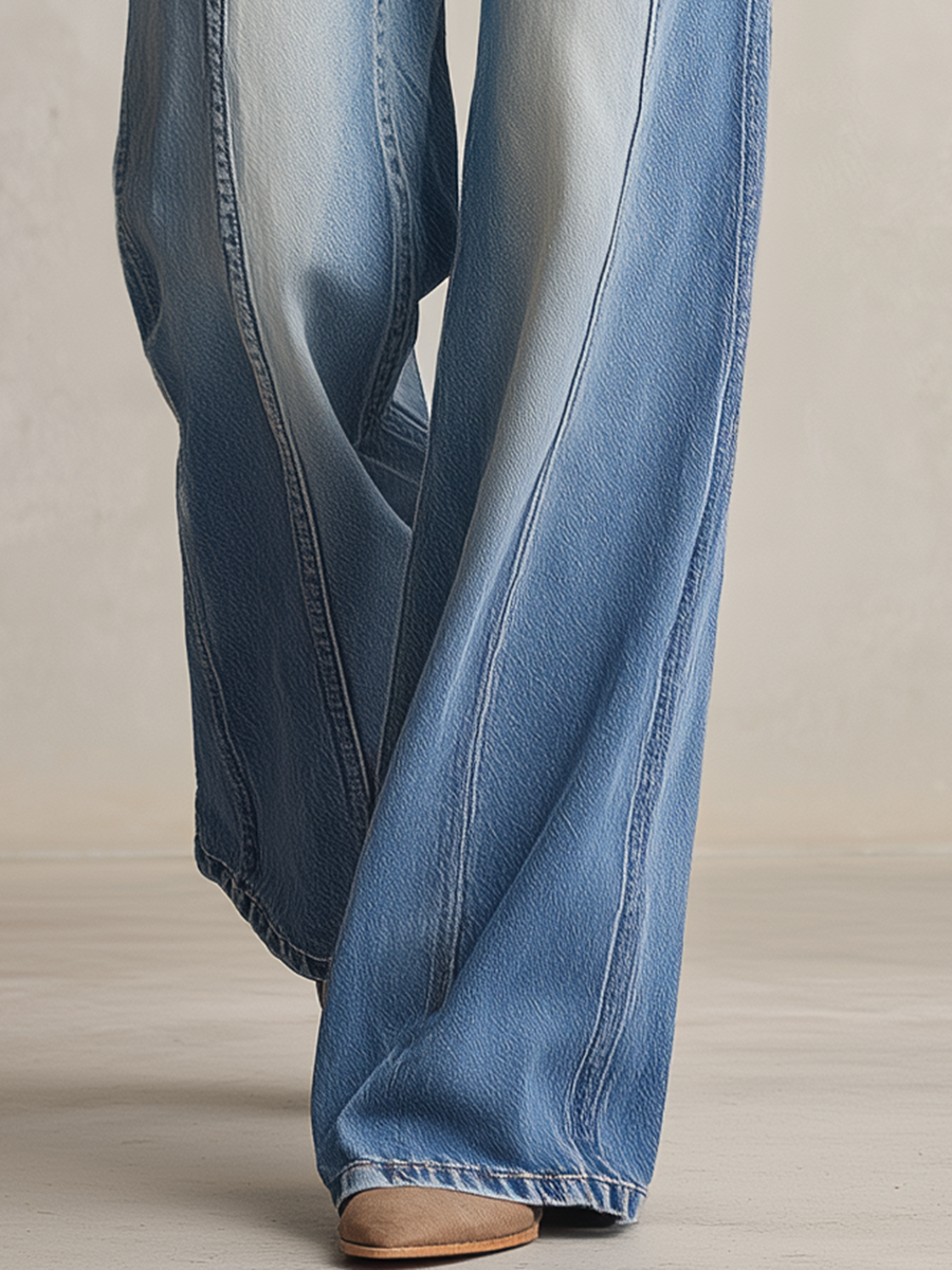 Y2K Washed Wide-Leg Jeans Studded Flap Pockets High Waist Baggy Denim