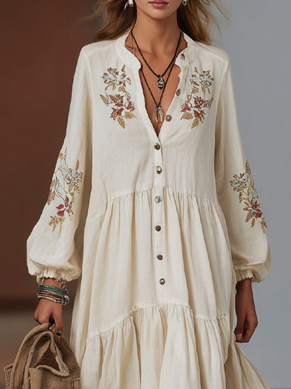 Bohemian Style Loose Floral Embroidered Cotton And Linen Maxi Dress