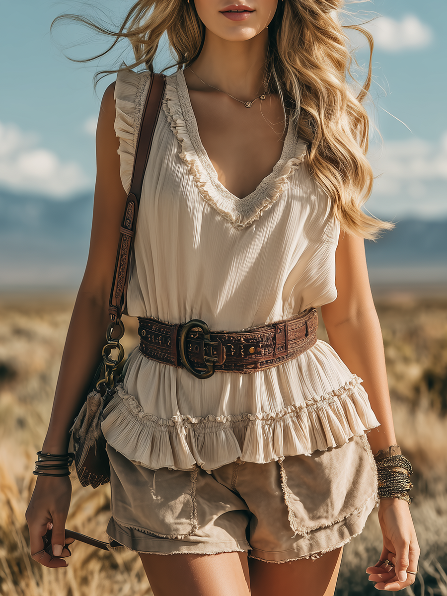 Western Bohemian Style V-neck Sleeveless Ruffled Chiffon Top