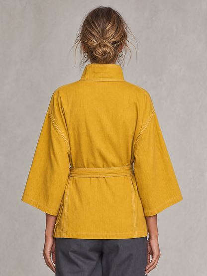 Mustard Yellow Denim Jacket Belted Double Breasted Stand Collar Flare Sleeve