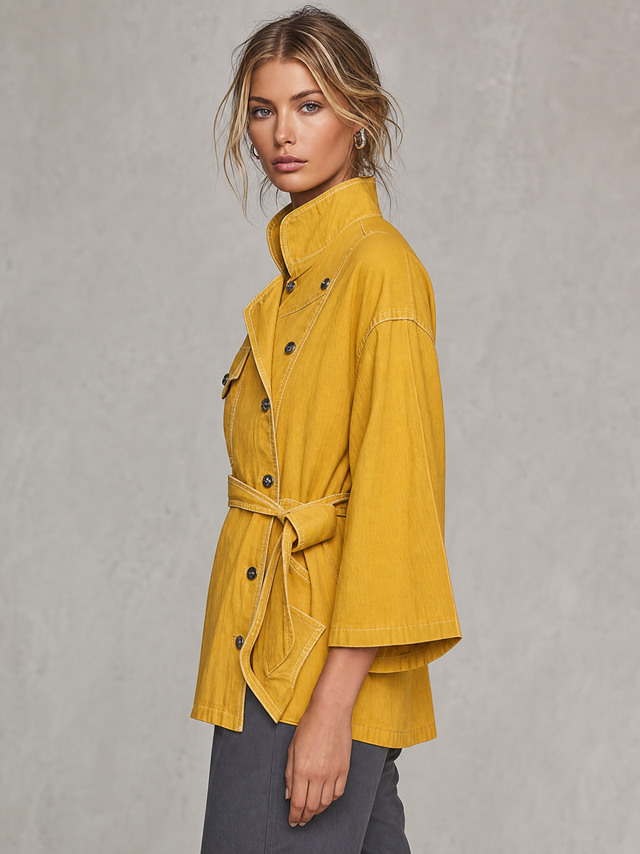 Mustard Yellow Denim Jacket Belted Double Breasted Stand Collar Flare Sleeve