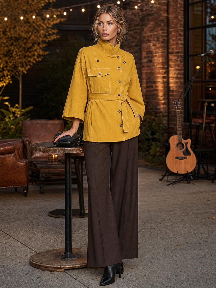 Mustard Yellow Denim Jacket Belted Double Breasted Stand Collar Flare Sleeve