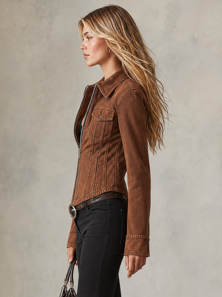 American Vintage Lapel-collar Zip-front Slim-fit Cropped Denim Jacket