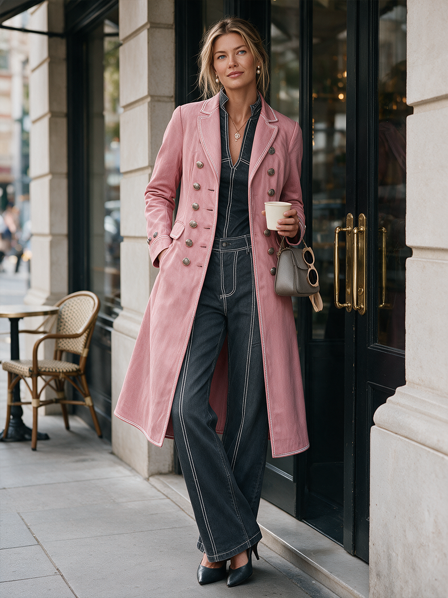 American Vintage Double-breasted Metal-button Contrast-stitch Long Denim Trench Coat