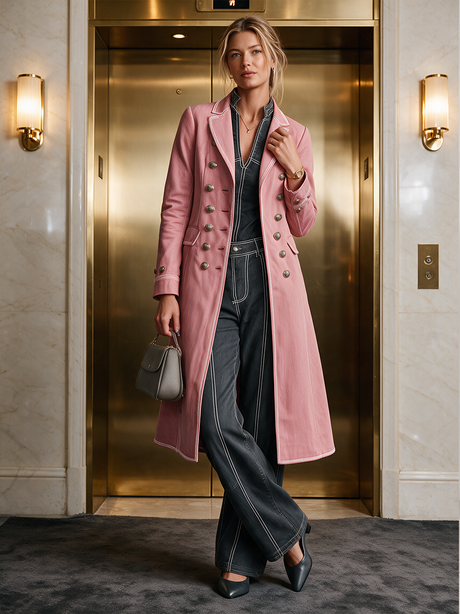 American Vintage Double-breasted Metal-button Contrast-stitch Long Denim Trench Coat