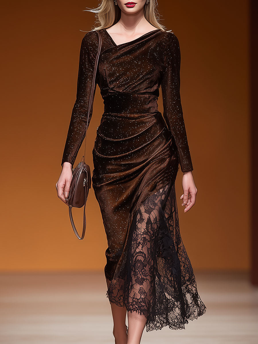 Stylish And Elegant Lace-trimmed Brown Shimmering Velvet Midi Dress