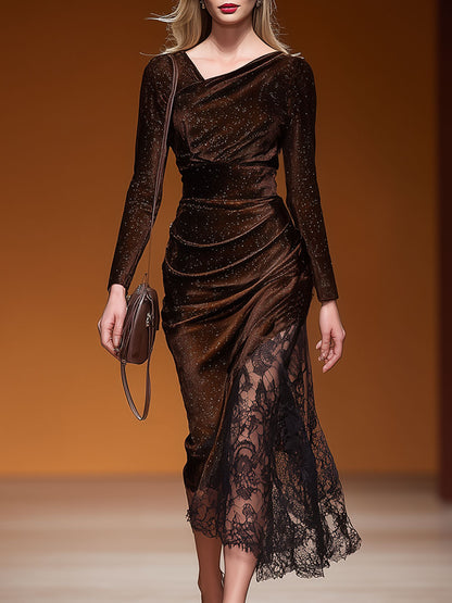 Stylish And Elegant Lace-trimmed Brown Shimmering Velvet Midi Dress
