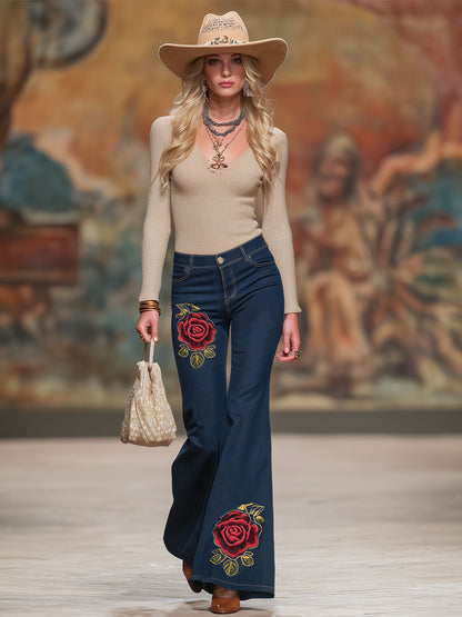 Retro Rose Embroidered Flared Jeans