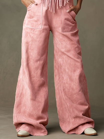 Western Retro Light Pink Faux Suede Tassel Overalls