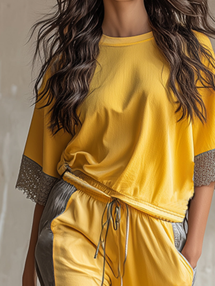 Casual Sports Color-blocked Yellow T-shirt And Pants Set