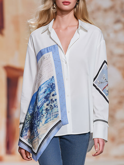 Stylish Silk Scarf Print White Loose-fitting Shirt