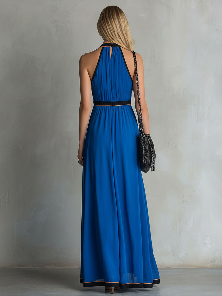 Elegant Retro Color-blocked Blue Sleeveless V-neck Chiffon Maxi Dress