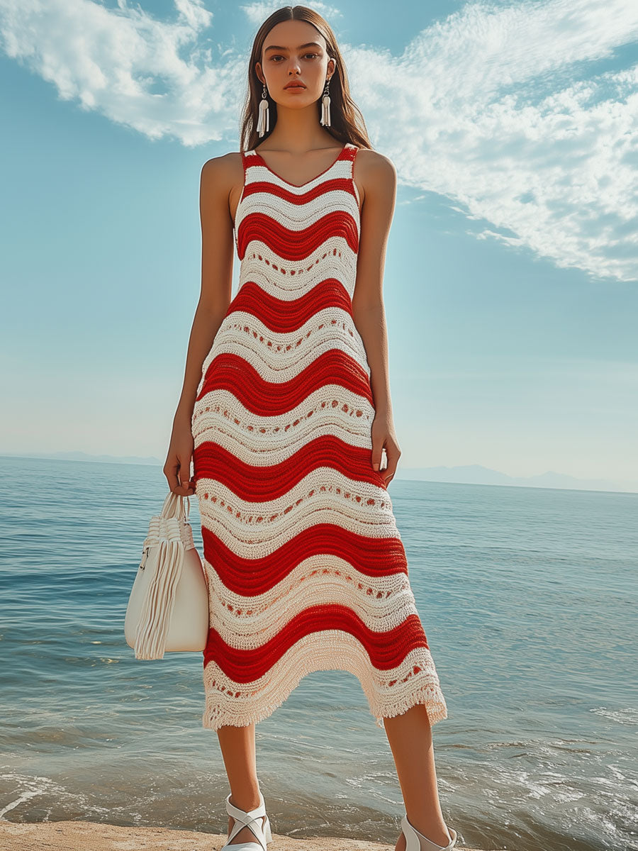 Fashion Holiday Red And White Wavy Hollow Knitted Sleeveless Midi Dress