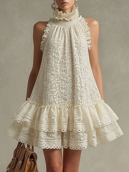 Vacation Retro Beige Lace Sleeveless Ruffled Mini Dress