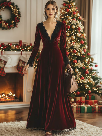 Fashion Retro V-neck Lace Splicing Long Sleeve Maxi Dress