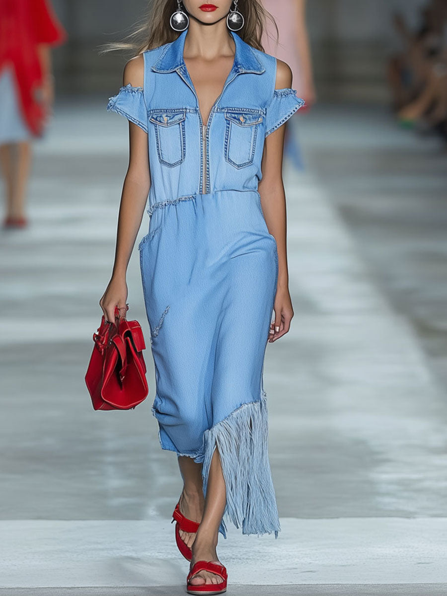 Casual Retro Blue Denim Short Sleeve Hollow Zipper Tassel Maxi Dress