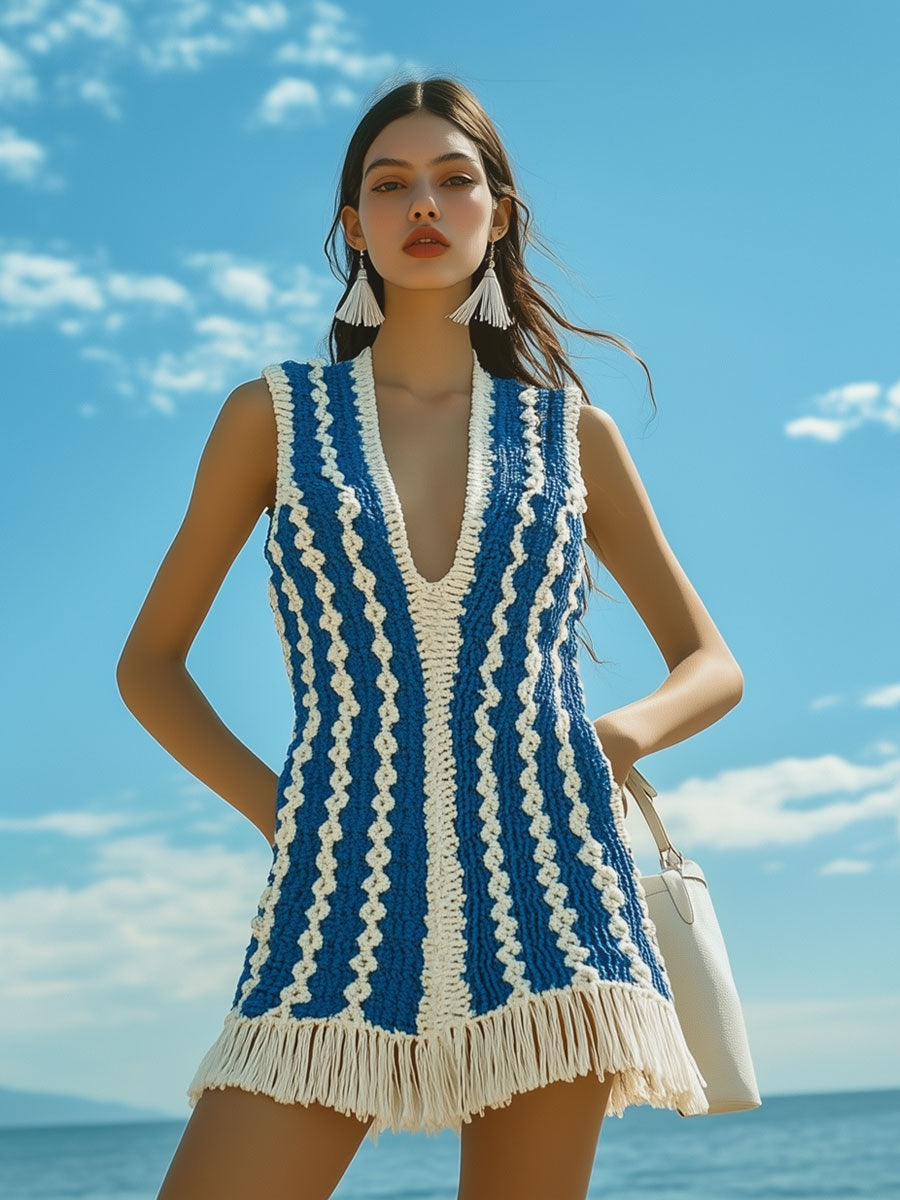 Fashion Holiday Blue and White Crochet Tassel V-Neck Vest Mini Dress