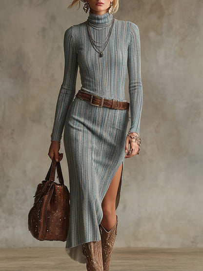 Trendy And Unique Blue Striped Denim Slit Midi Dress