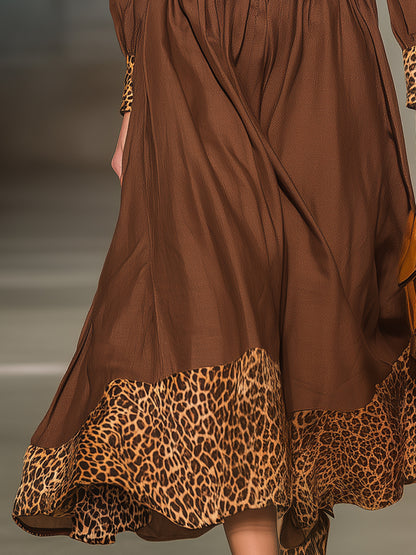 Stylish Brown Midi Dress With V-neck And Leopard Print Detailing At The Waist