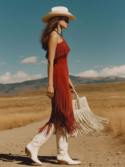 Western Retro Red Faux Suede Tassel Off-Shoulder Midi Dress