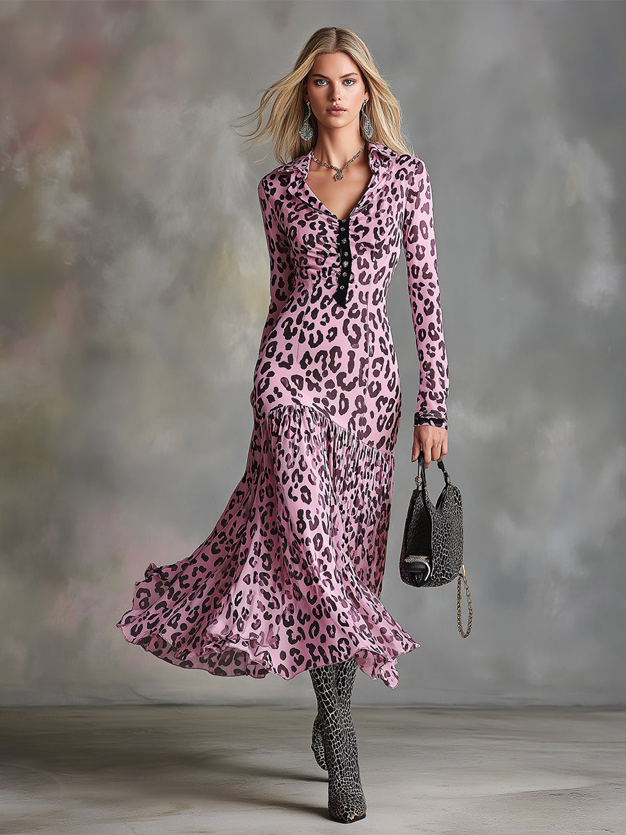 Stylish And Sexy Pink Leopard Print Chiffon Maxi Dress
