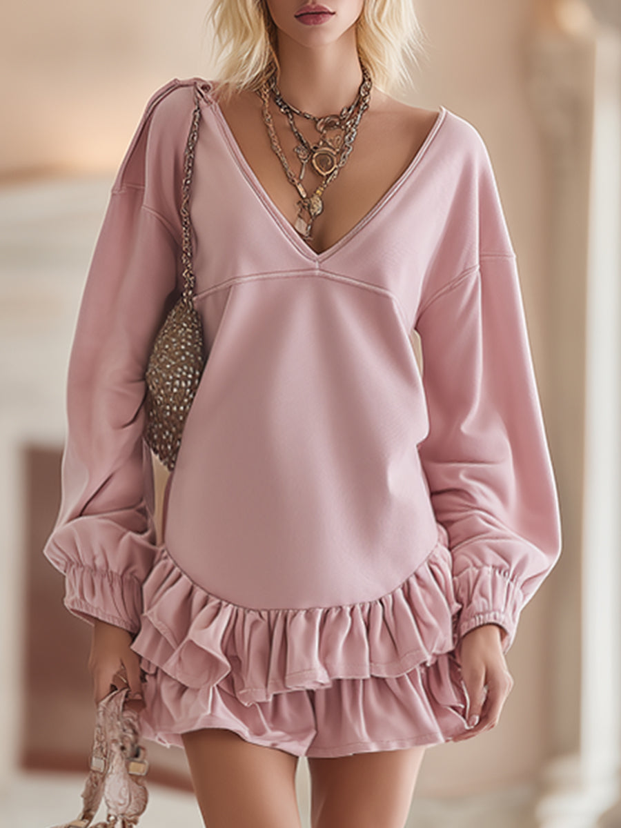Trendy Urban Sporty V-neck Ruffled Pink Sweatshirt Mini Dress