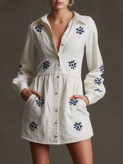 Casual Retro Daisy Embroidered Long-sleeved White Denim Cardigan Mini Dress
