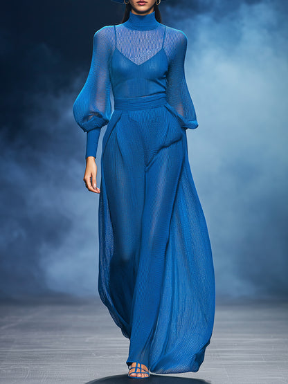 Casual And Stylish Blue Slightly Sheer Knit Top And Wide-leg Pants Set