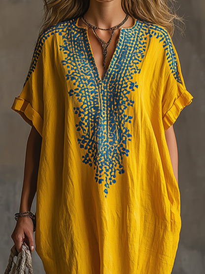 Elegant And Exquisite Embroidered Yellow Cotton And Linen Short-sleeved Maxi Dress