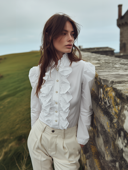 Romantic Bohemian Style Pearl Buttons Ruffled White Shirt