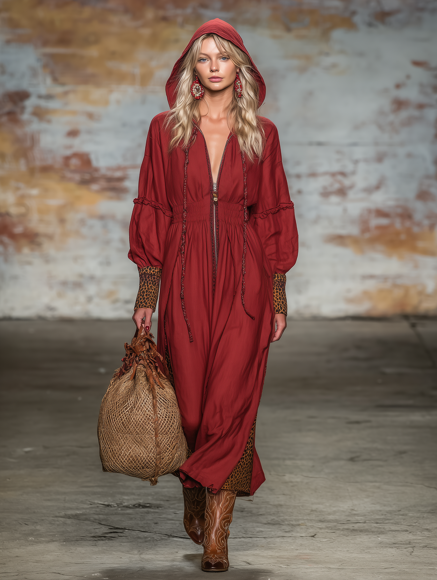 Western-style Red Linen Zip-up Hooded With Partial Leopard Print  Maxi Dress