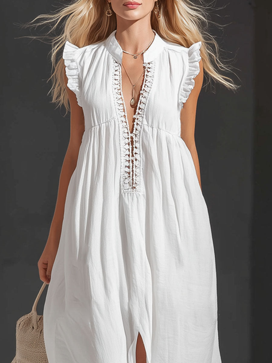 Stand-collar Ruffled Lace-trimmed Sleeveless Maxi Dress