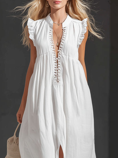Stand-collar Ruffled Lace-trimmed Sleeveless Maxi Dress