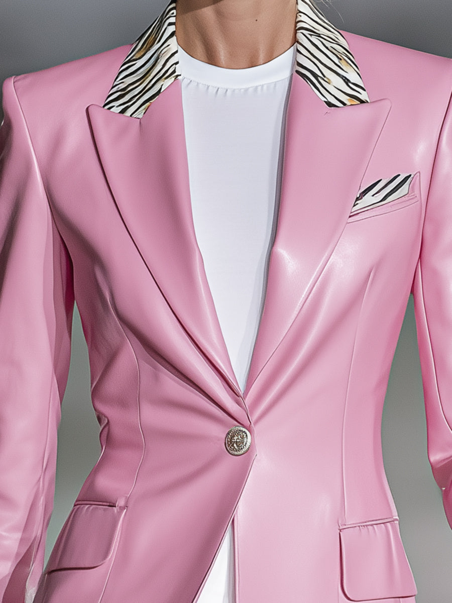 Elegant Pink Faux Leather Patchwork Zebra Print Button