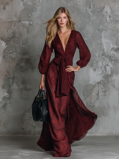 High-end Chic V-neck Tie-up Burgundy Satin Jacquard Maxi Dress