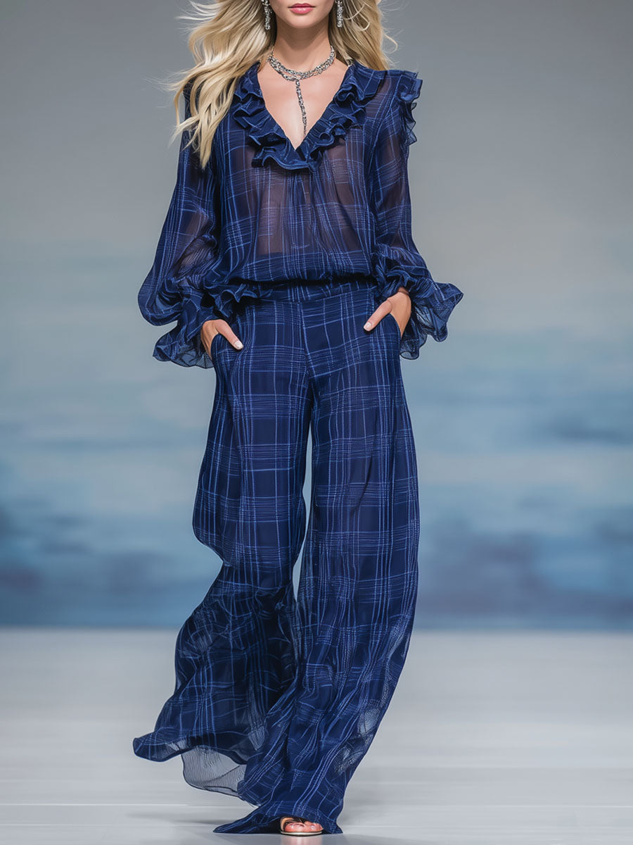 Plaid Print V-neck Ruffled Long-sleeved Top And Wide-leg Pants Set