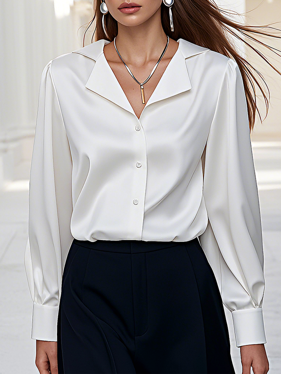 Elegant High-Grade Silk Glossy Long-Sleeved V-Neck Shirt