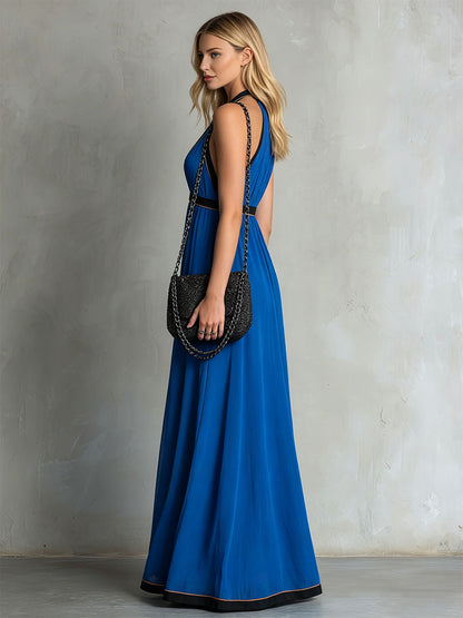 Elegant Retro Color-blocked Blue Sleeveless V-neck Chiffon Maxi Dress