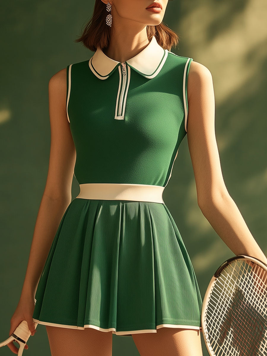 Casual Fashion Polo Neck White Trim Green Sleeveless Mini Dress