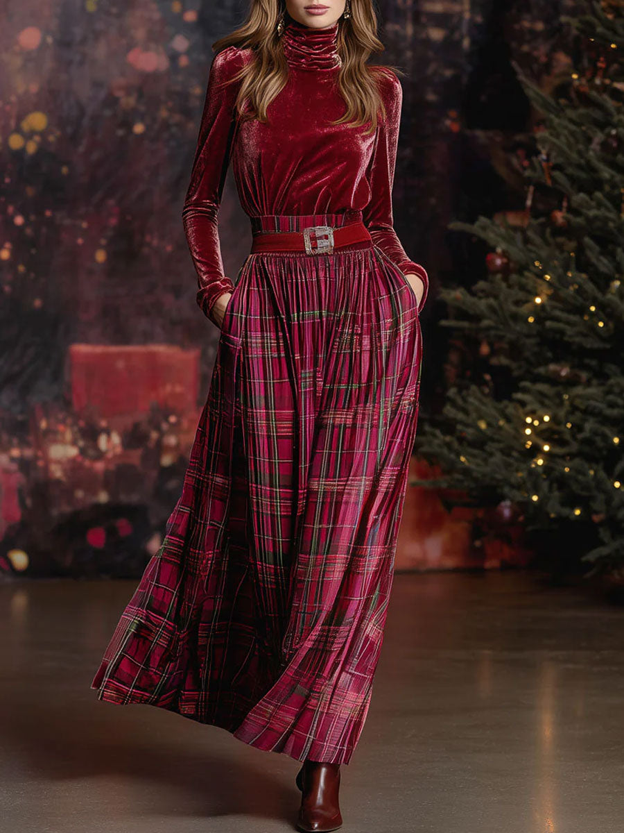 Festive Retro Red Velvet Turtleneck Plaid Skirt Set