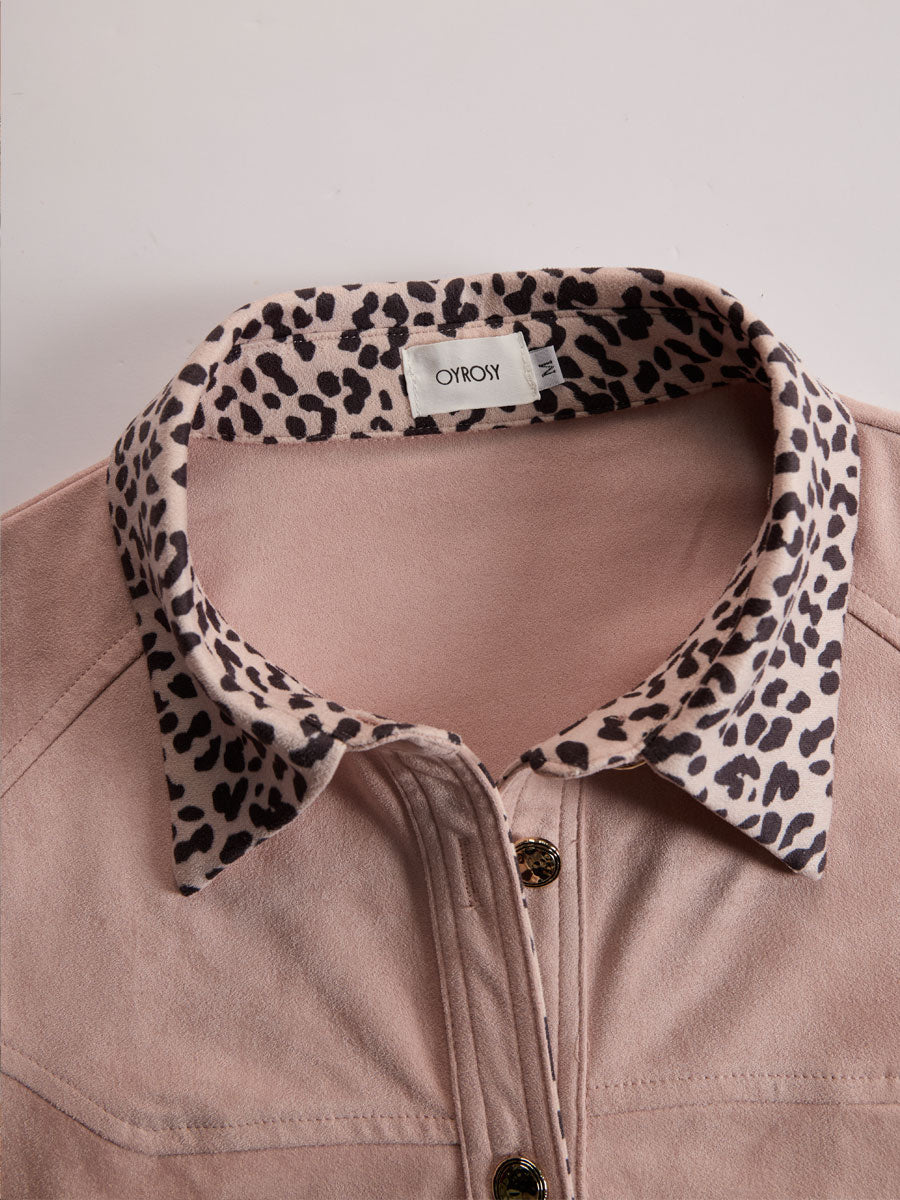 Western Retro Leopard Print Pink Faux Suede Long-Sleeve Shirt