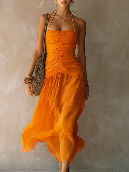 Retro-elegant Orange Halter Neck Sleeveless Pleated Chiffon Midi Dress