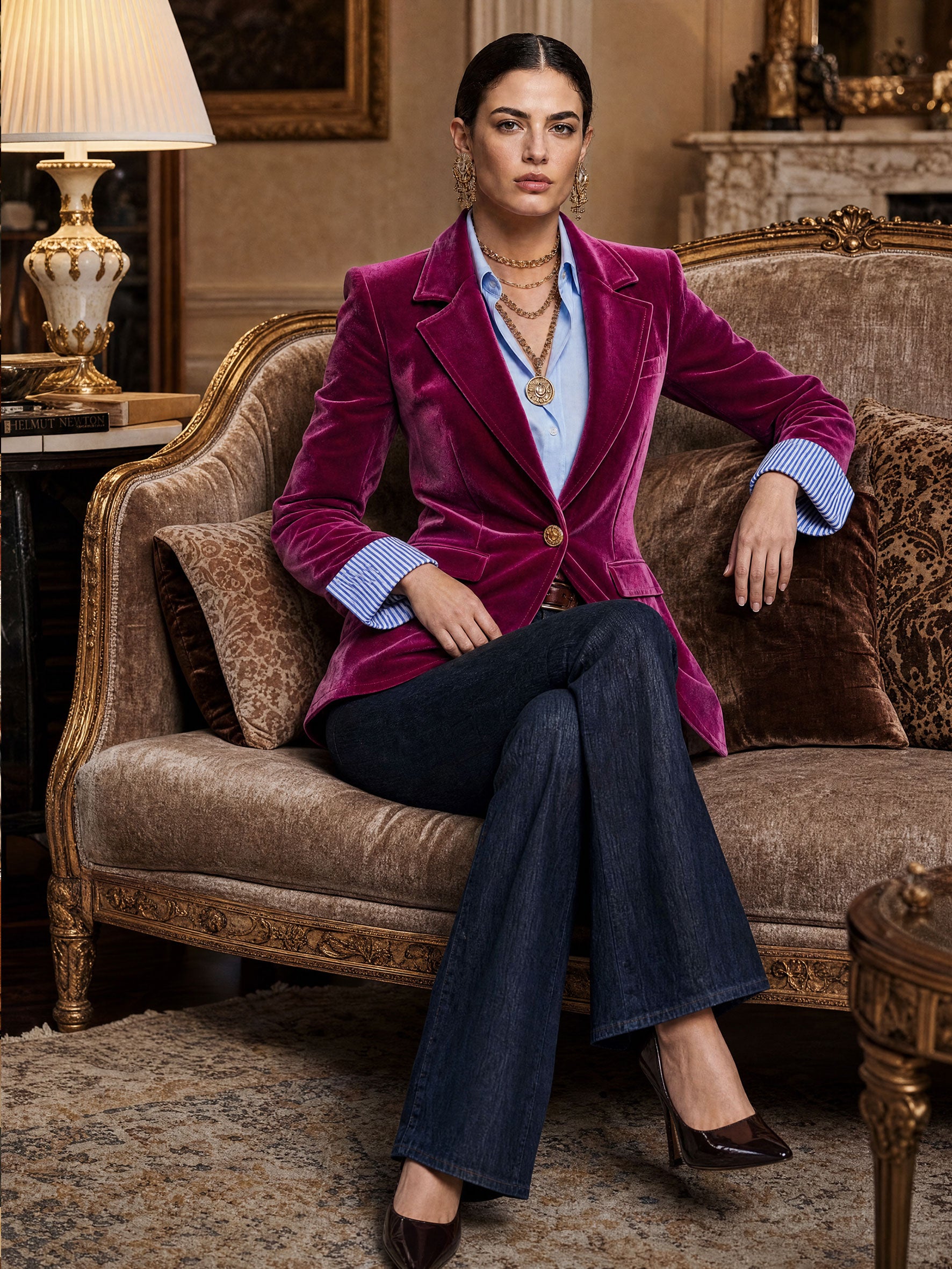 Fashionable Retro Striped Patchwork Fuchsia Velvet Blazer
