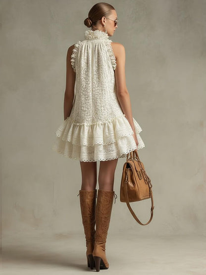 Vacation Retro Beige Lace Sleeveless Ruffled Mini Dress
