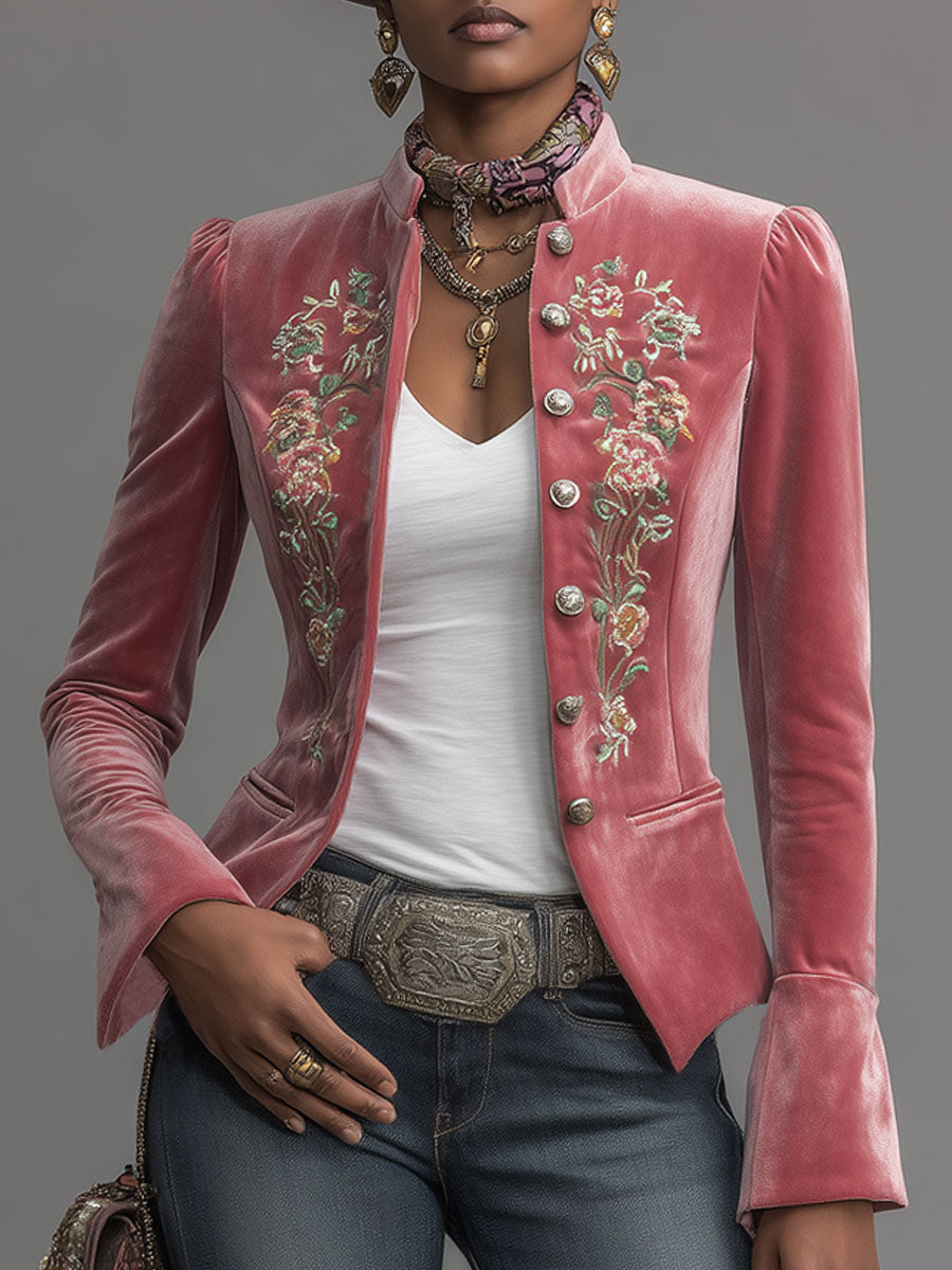 Western-style Stand-up Collar Single-breasted Floral Embroidered Velvet Jacket
