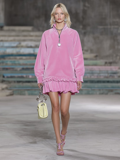 Western Pink Corduroy Zip-up Ruffle Mini Dress
