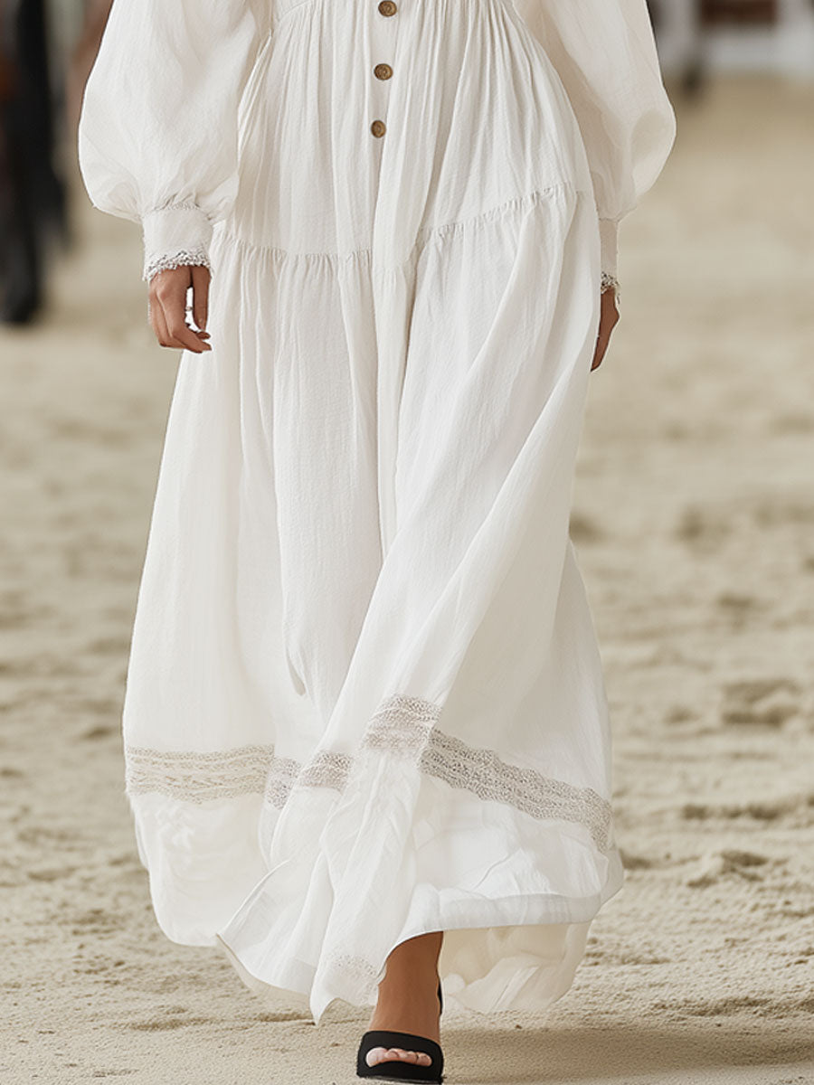 Vintage-style White Cotton-linen Long-sleeved Maxi Dress