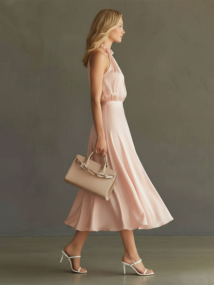 Stylish And Elegant Pink Sleeveless Satin Top And Skirt Set