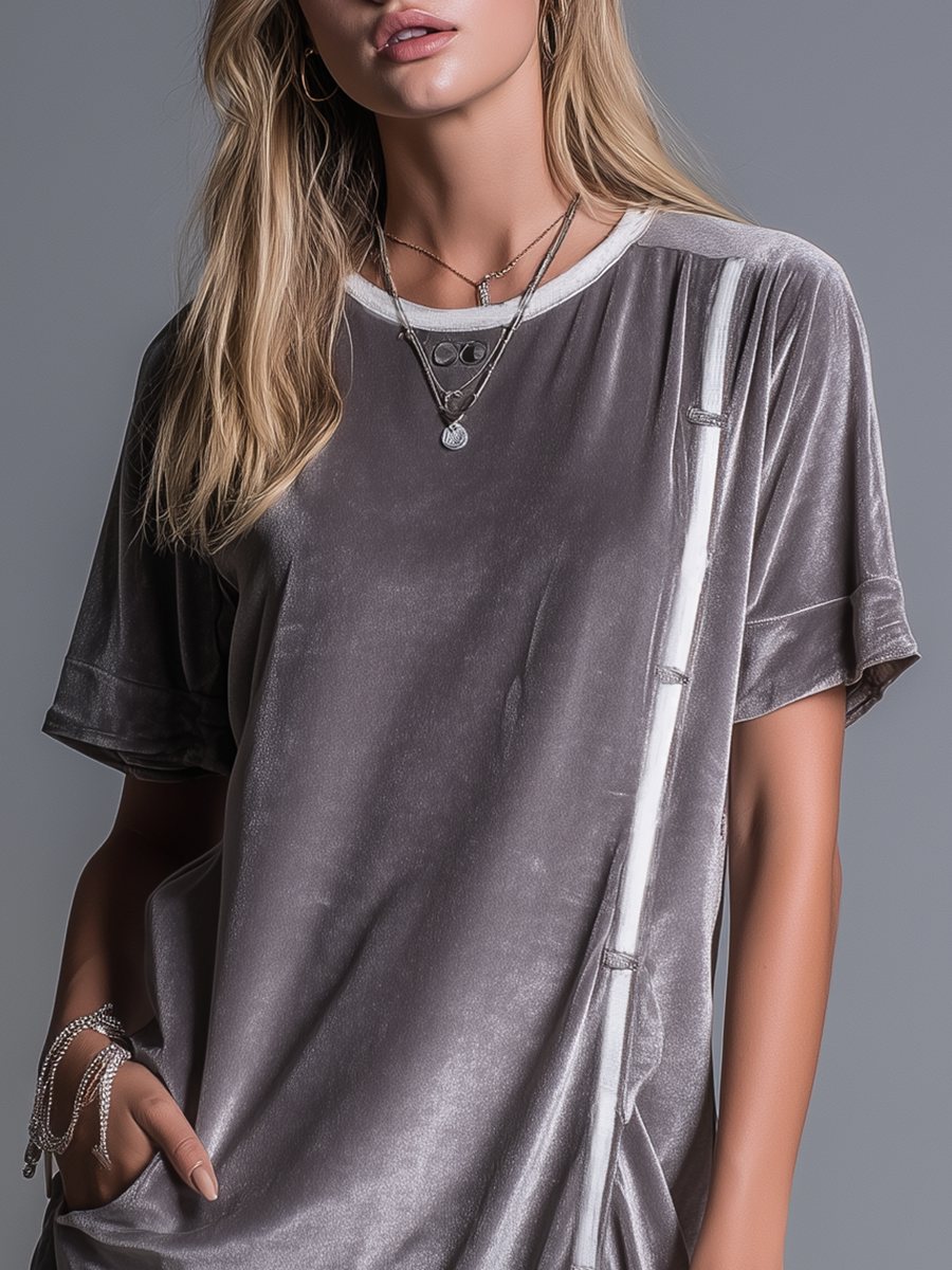 Casual And Fashionable Round-neck Short-sleeved Velvet Mini Dress