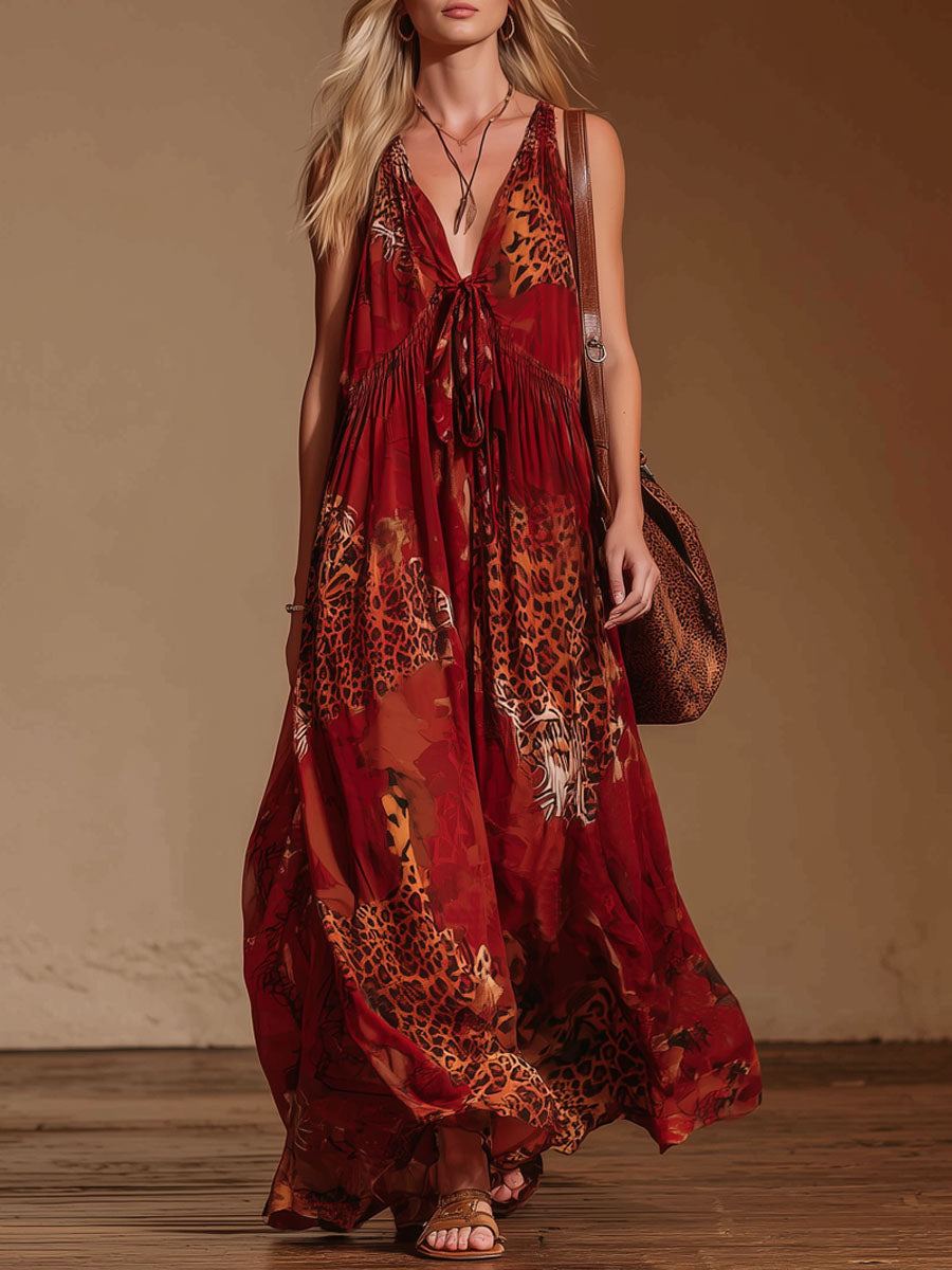 Leopard Print V-neck Chiffon Sleeveless Maxi Dress